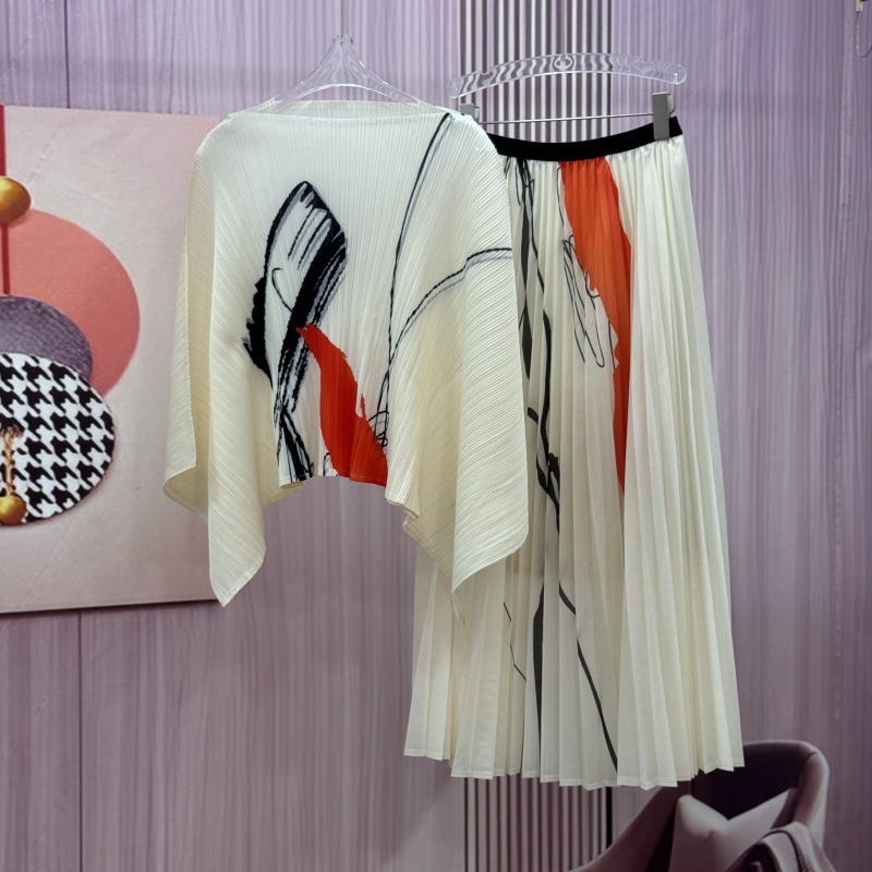 Japan ISSEYS MIYAKES summer pleated plus size fashion dress with sleeves loose printed temperament commuter dress set