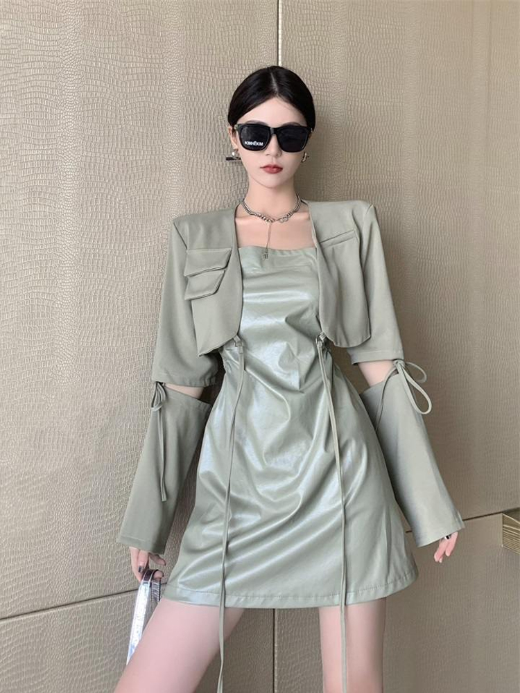 Fashion Streetwear Blazer Dress Two-piece Suits Women 2025 Long Sleeve Jacket PU Strapless Mini Dresses Sets Woman