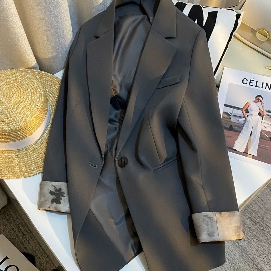 Luxury High-end Gray Patchwork Blazer Women Black Blazers Spring Autumn Jacket Office Lady Coat Button Tops Design Loose Coats