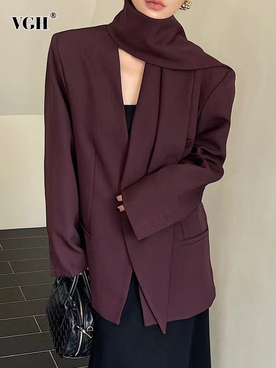 VGH Solid Spliced Button Streetwear Blazers for Women Scarf Collar Long Sleeve Minimalist Casual Loose Coats Female Fashion New