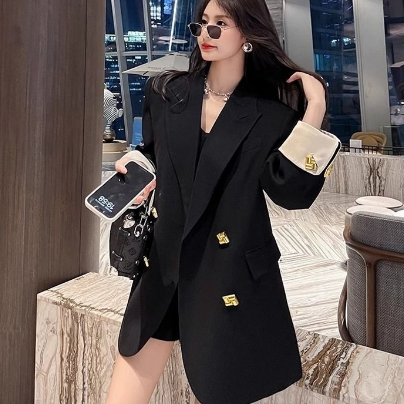 Luxury Black Suit Blazer Mujer Double-breasted Long Sleeves Autumn Jacket Coat Korean Chic Pocket Office Ladies Clothing New