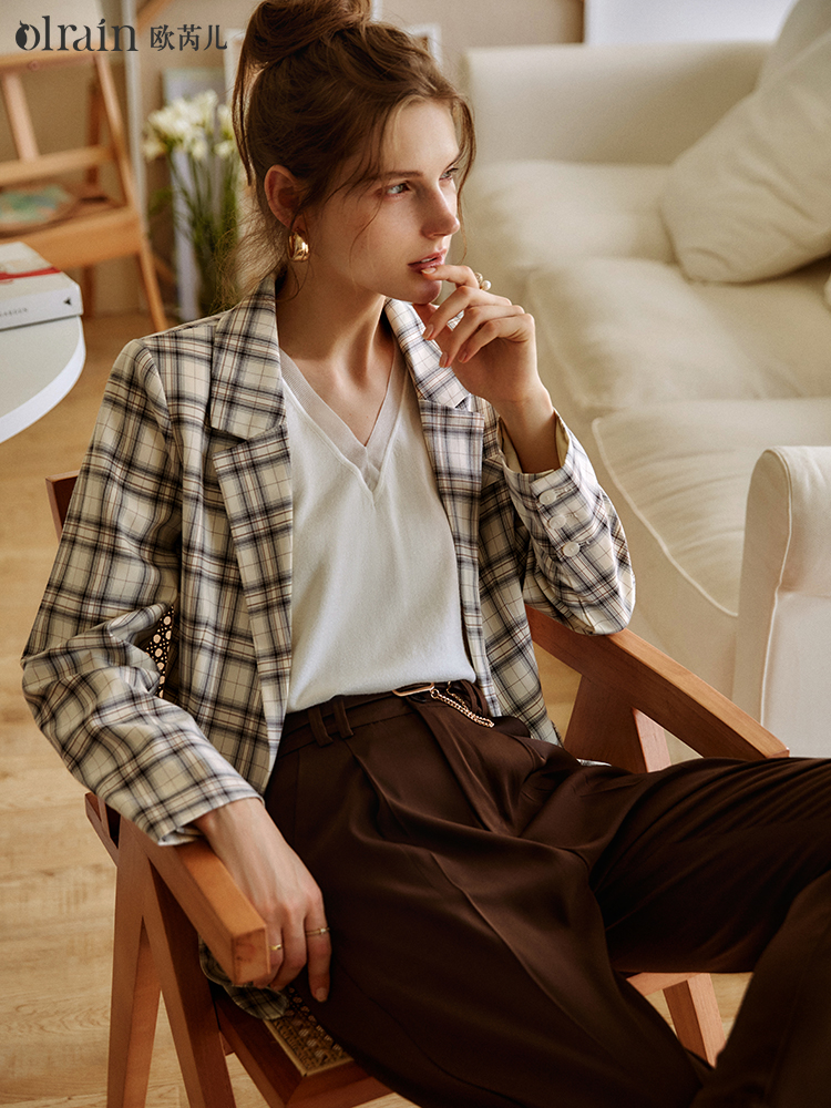 OLrain Women's Plaid Blazer 2025 Autumn New in Outerwears Woman Retro England Style Short Suit Jackets Ladies Clothes O21QW55692