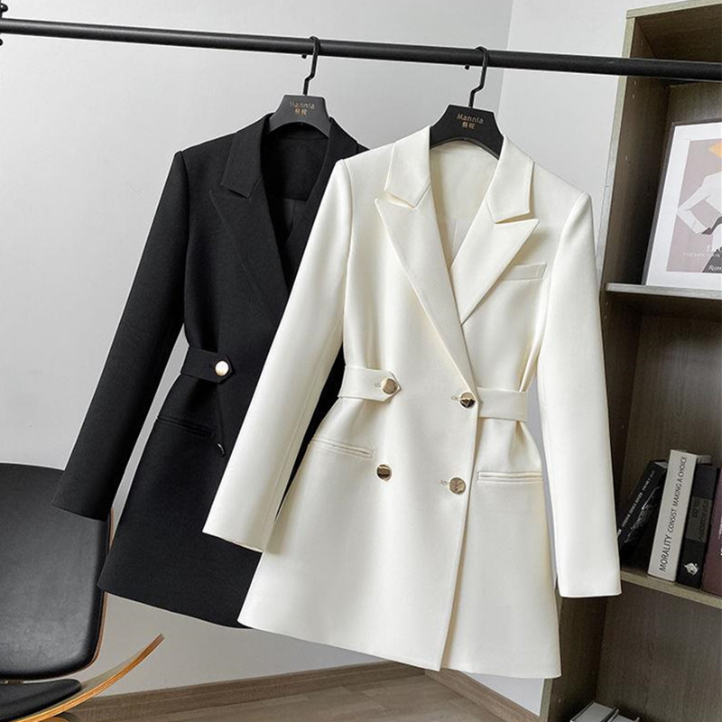 Women Chic Double Breasted Slim Blazers Femme Casual Solid Business Suits with Belt Vintage Office Lady Jackets Elegant Clothing