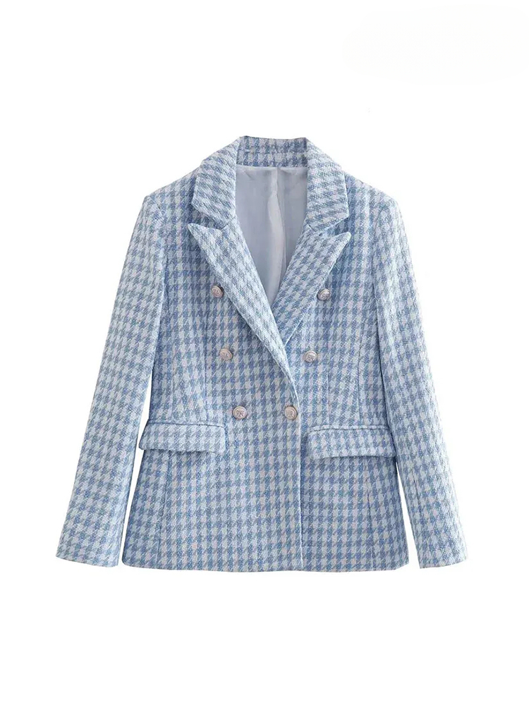 Women Fashion Houndstooth Double Breasted Tweed Blazer Coat Vintage Long Sleeve Flap Pocket Female Outerwear Chic Veste