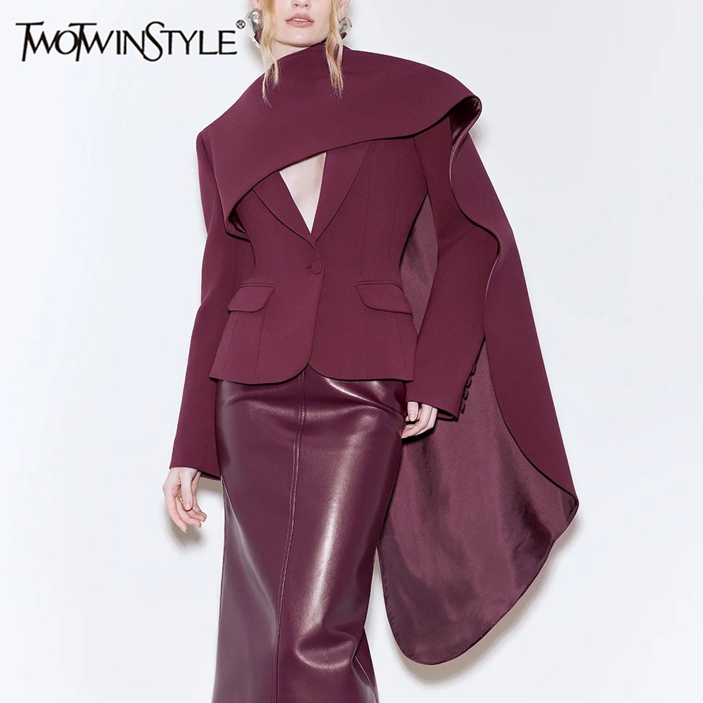 TWOTWINSTYLE Solid Slimming Blazer For Women Scarf Collar Long Sleeve Tunic Patchwork Button Elegant Coat Female Fashion Clothes