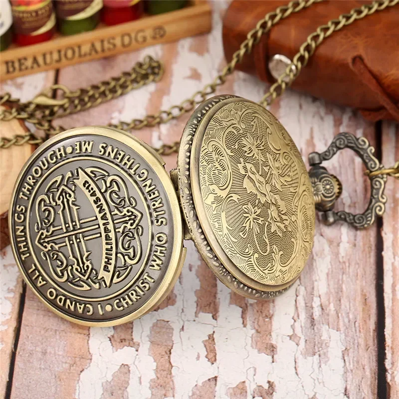 Old Fashion I Can Do All Things Bible Philippians 4:13 God Jesus Christian Unisex Quartz Pocket Watch Souvenir Pendant Chain