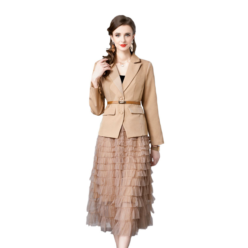 2024 Fashion Designer Suit Set Women's Notched Khaki Blazer Belt Jacket Coat + Midi Tulle Mesh Cake Skirt Two Piece Outfits