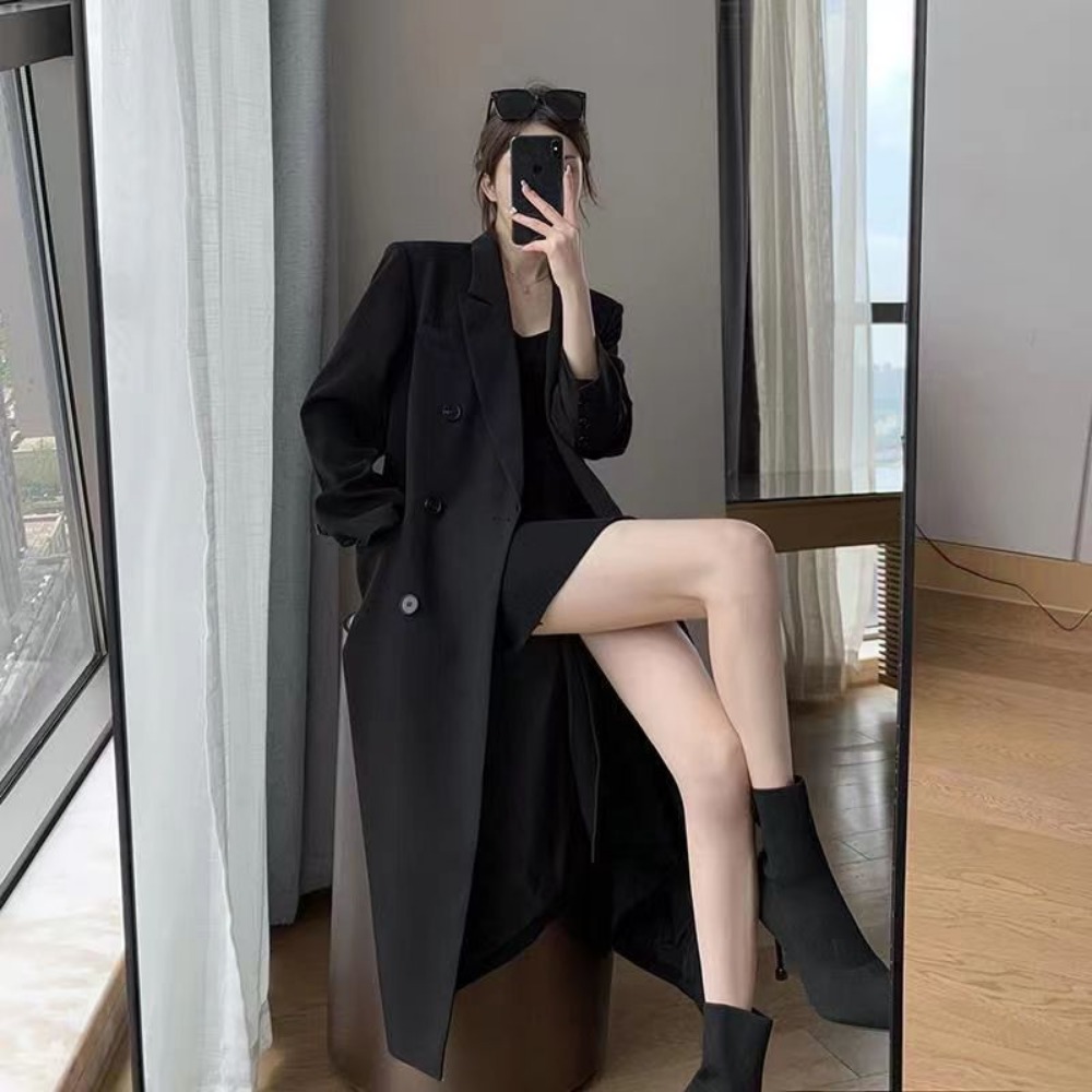 Women Spring Autumn Graceful Black Loose Long Blazers Office Lady Double Button Suit Overcoats Solid Notched Jackets Workwear