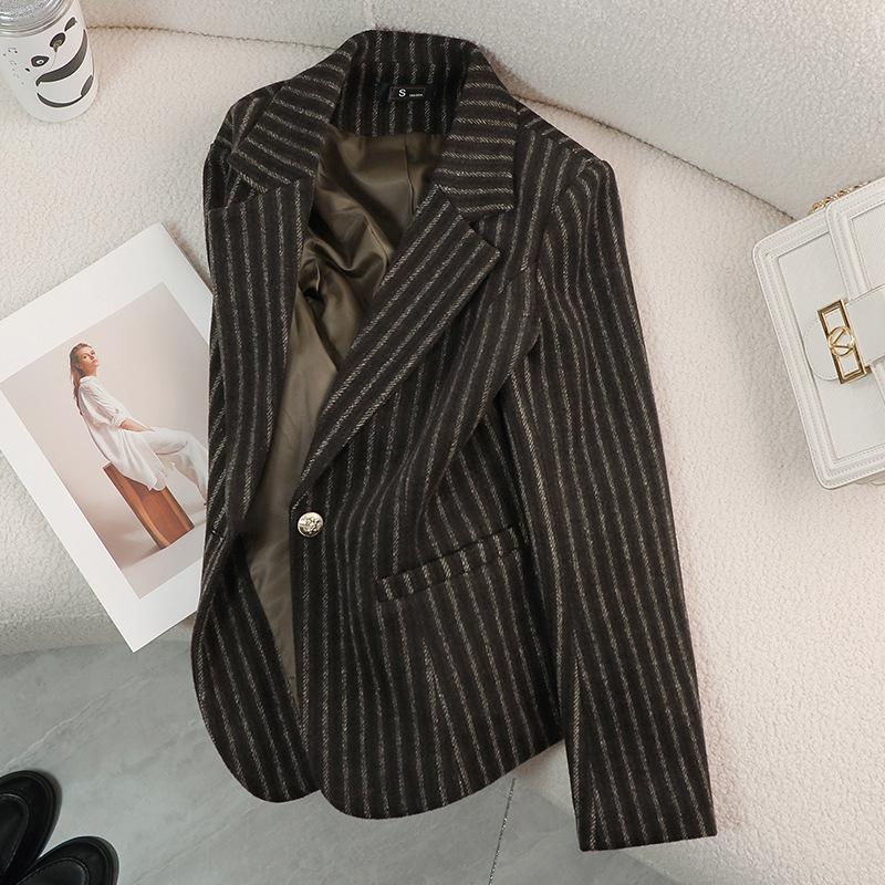 Women Brown Stripe Woolen Formal Blazer New Long Sleeve Suit Coat Notched Collar Business Jacket Ladies Office Blazers Outerwear