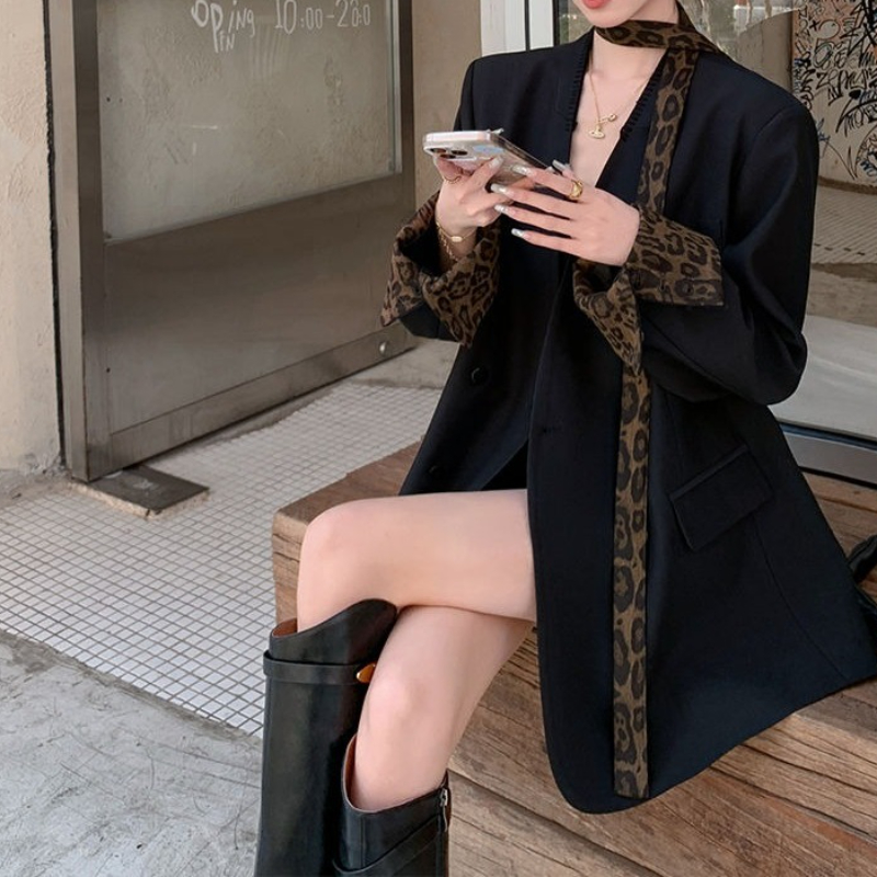 Leopard Ribbon Collarless Black Suit 2025 Spring and Summer Leisure Design Commuter Style Women's Coat