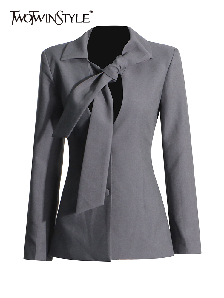 TWOTWINSTYLE Solid Spliced Lace Up Blazer For Women V Neck Long Sleeve Tunic Patchwork Single Breasted Slim Blazers Female New