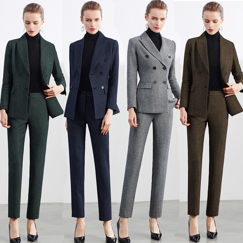 Retro Wool Suit Two Piece Sets Womens Outifits Double-Breasted Blazer Female President Manager Professional Suit Set Clothing