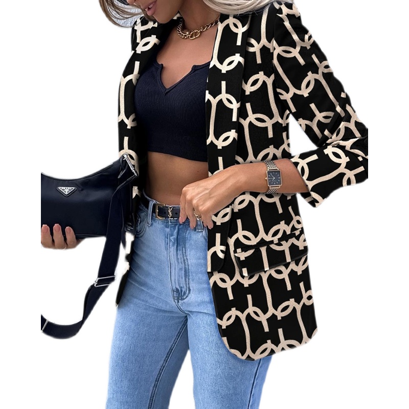 Autumn Lady Elegant Blazer Coats Fashion Turn-Down Collar Women Outerwear Spring Casual Simple Long Sleeve Jackets print full