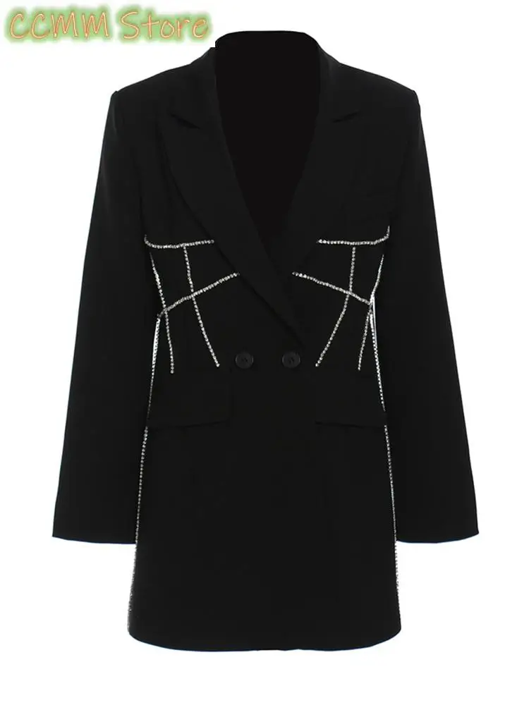 Women Black Rhinestones Long Blazer New Lapel Long Sleeve Loose Fit Jacket Fashion Tide Spring Autumn