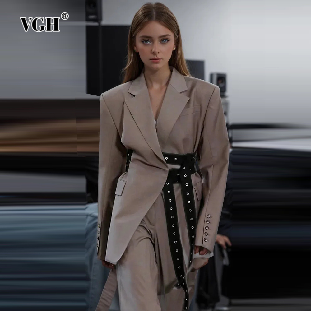 VGH Solid Patchwork Belt Blazers For Women V Neck Long Sleeve Spliced Pockets Temperament Tunic Blazer Female Fashion Style New