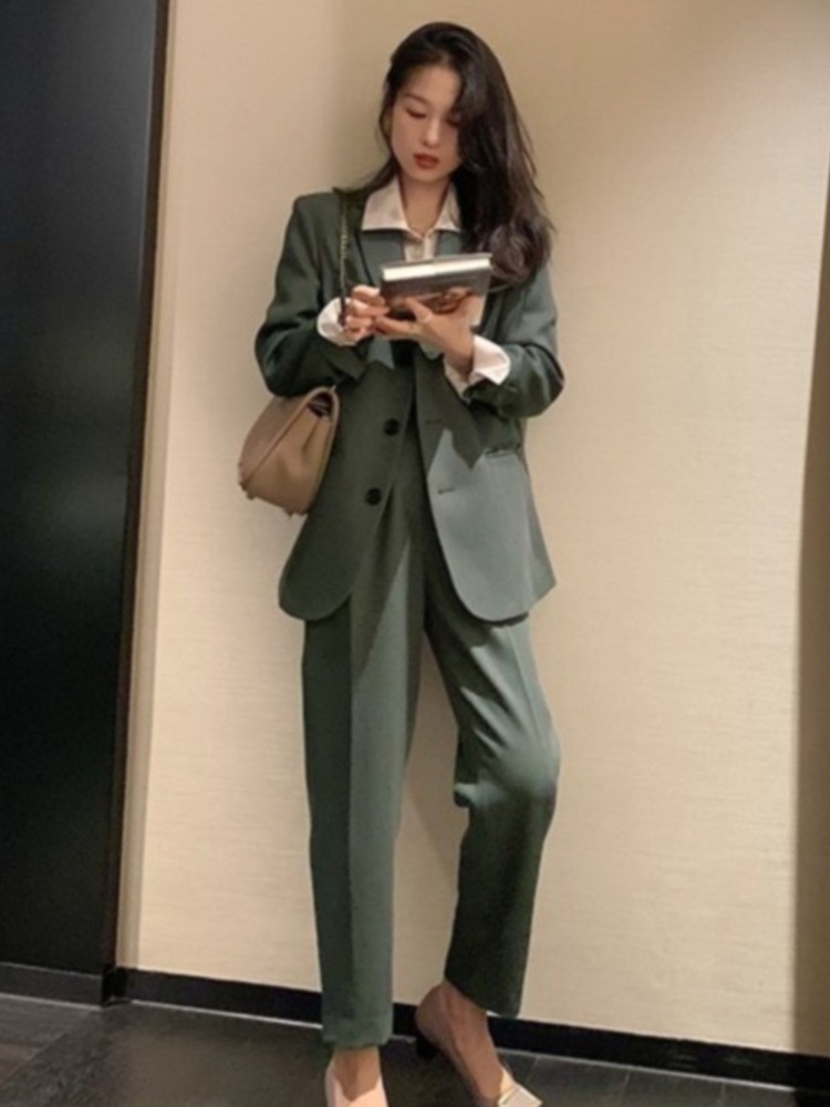 Elegant Women's Chic Blazer Two-Piece Suit New Casual Professional Business Workwear Pantsuits Solid Female Fall Clothes Outfits