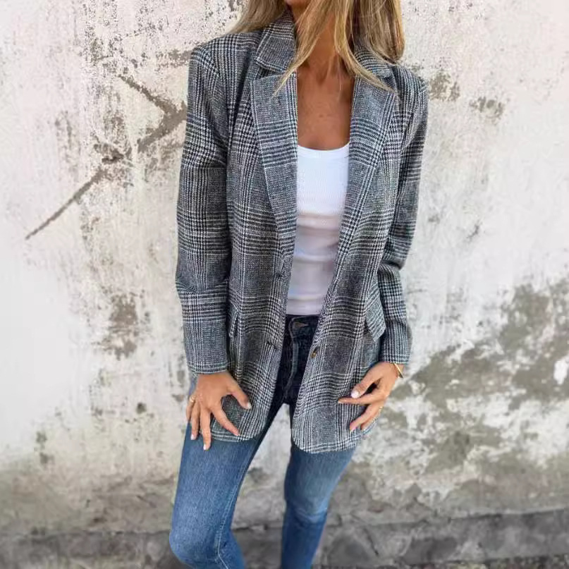 2025 Autumn and Winter Cardigan Jacket Women's Casual Fashion Retro Houndstooth Lapel Suit Blazer Women