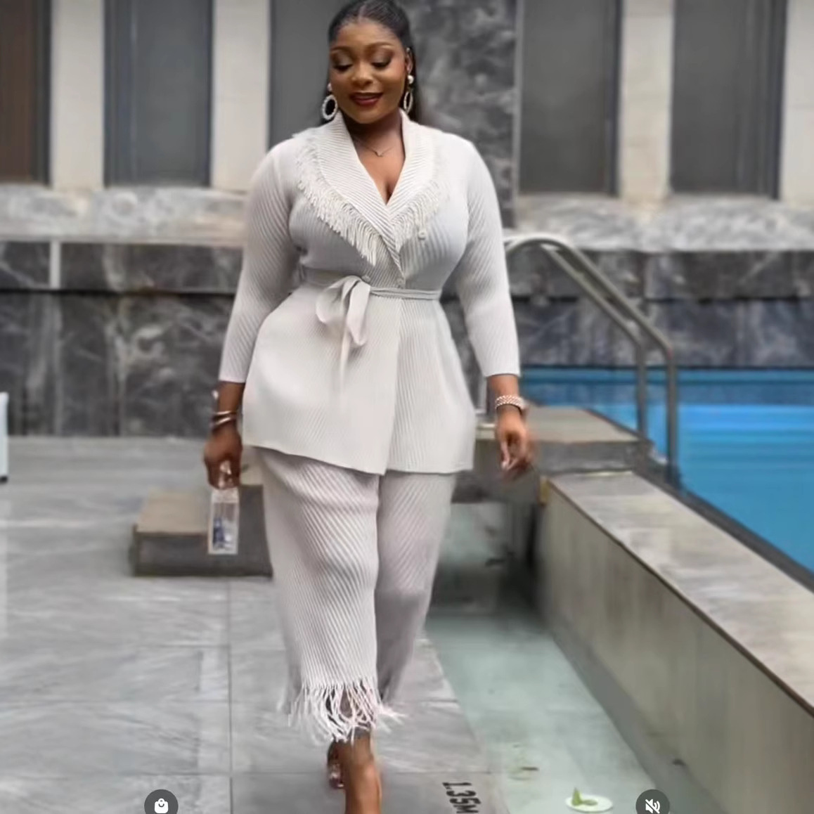 Top quality ISSEYS MIYAKES plus size fashion suit fish scale pleated fringe temperament suit two-piece set