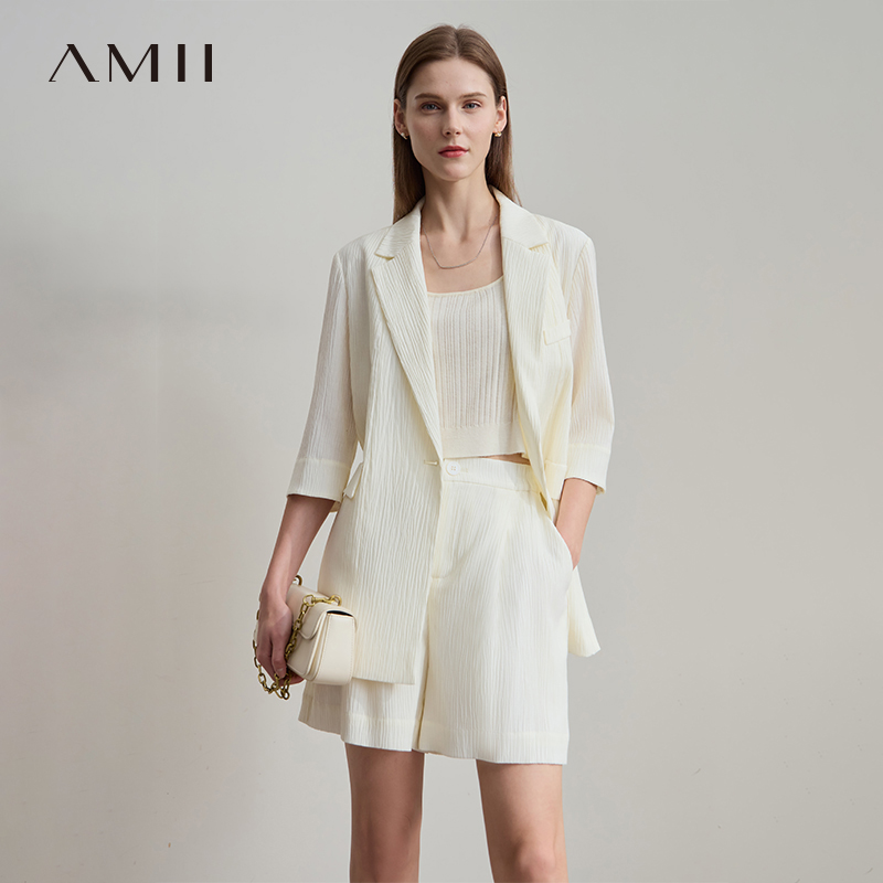 AMII Minimalist Office Lady Blazer Coat Women Summe 2025 Solid Three-quarter Sleeve Turn-down Collar Blazers Fashion 12542172