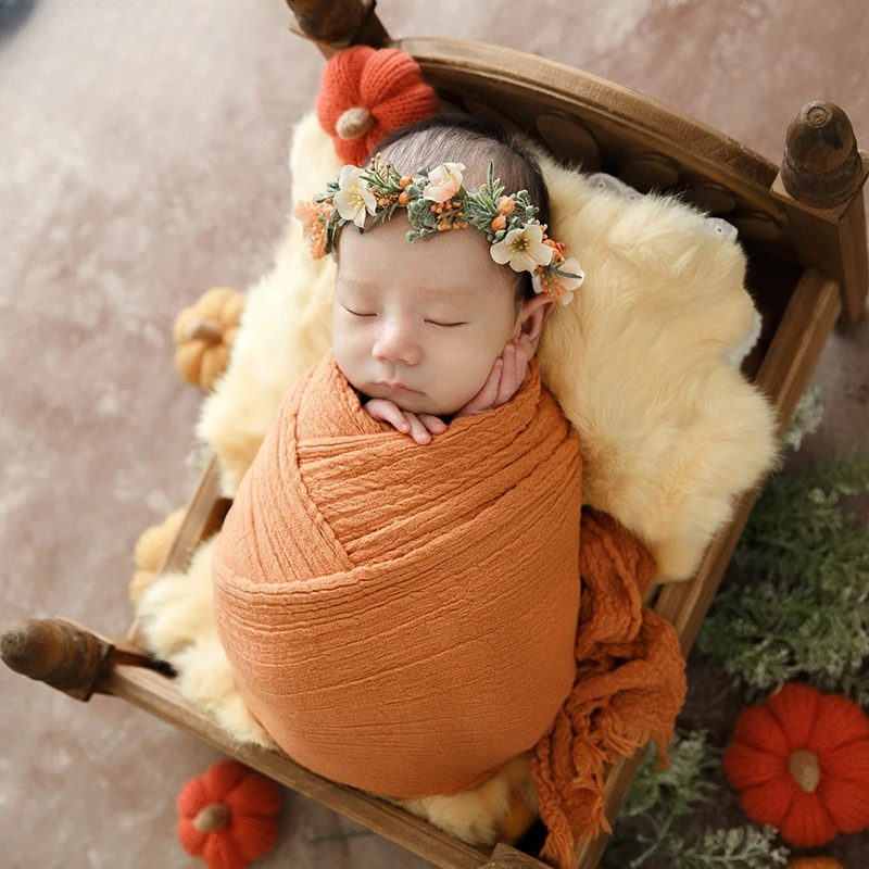 Dvotinst Newborn Baby Photography Props Autumn Pumpkin Backdrop Outfit Headband Wood Crib Set Photo Shoot Studio Photo Props