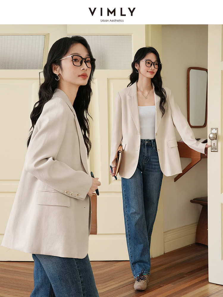 VIMLY Office Ladies Linen Blend Blazer Jacket 2025 Spring Autumn Elegant Khaki Loose Long Sleeve Outerwear Female Clothes A0976