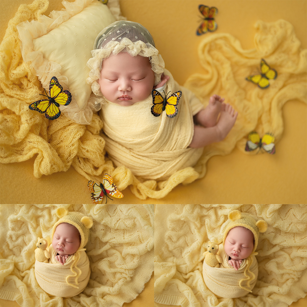 Yellow Theme Newborn Photography Scene Props Kit Lace Hat Pillow Knitted Bear Hat Doll Butterfly Studio Photo Shoot Accessories