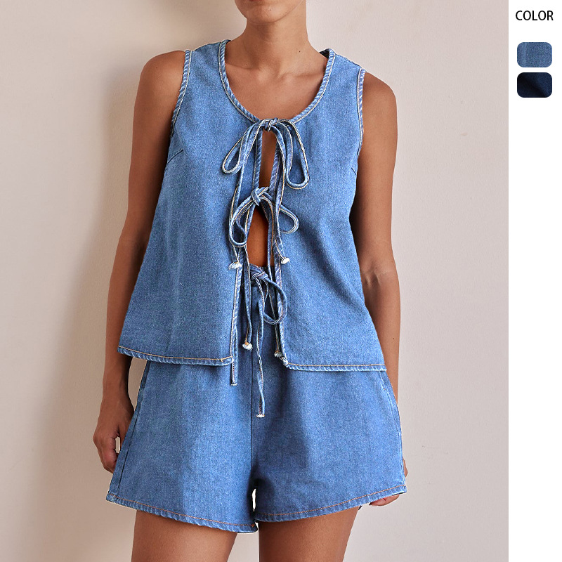 2025 European And American Style Summer Fashion Casual Sleeveless Lace-up High Waist Women's Vest Denim Suit Shorts Women Top