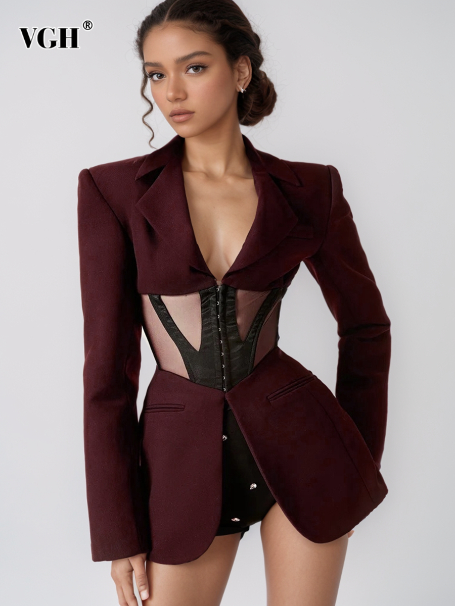 VGH Sexy High Street Spliced Sheer Mesh Blazers for Women Notched Collar Long Sleeve Temperament Slimming Tunic Coats Female New