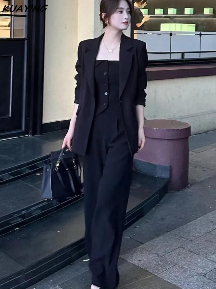 Autumn Korean Fashion Women Business Blazer 3 Pieces Set Elegant Casual Jackets Coat Sleeveless Vest + Pant Suit Female Clothes