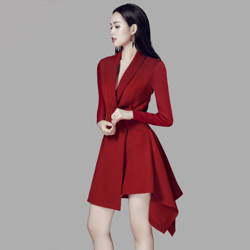 Women's Long Blazer Dress Notched Double Breasted Slim Casual Work Jacket Asymmetry Ruffles Belted Party Dress 2025
