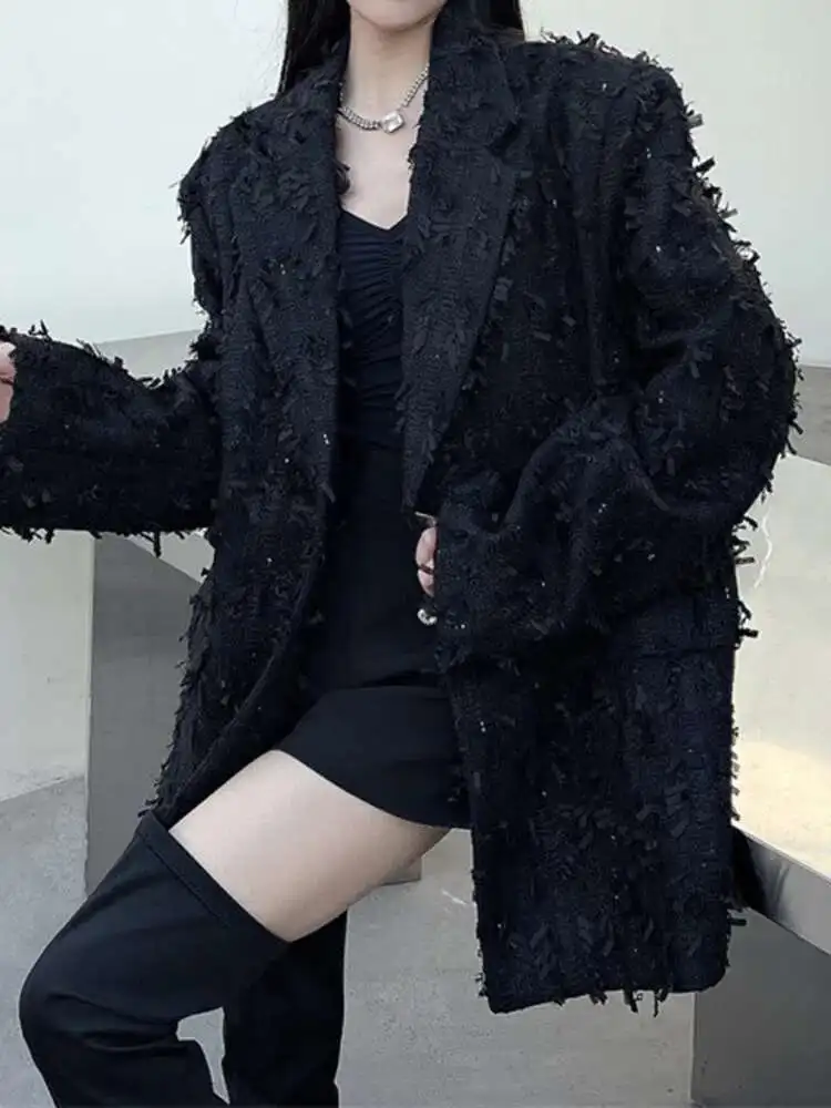 Street Black Jacket American Retro Loose All Match Tassel Temperament Fashion Blazer Coat Women 2025 New Spring Autumn