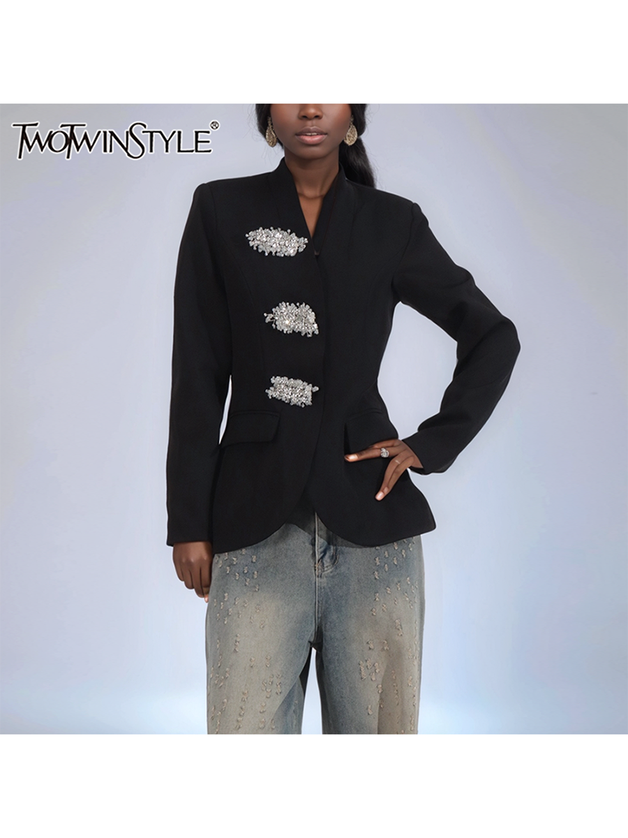 TWOTWINSTYLE Solid Spliced Diamonds Elegant Blazer For Women Stand Neck Long Sleeve Tunic Patchwork Button Coats Female Fashion