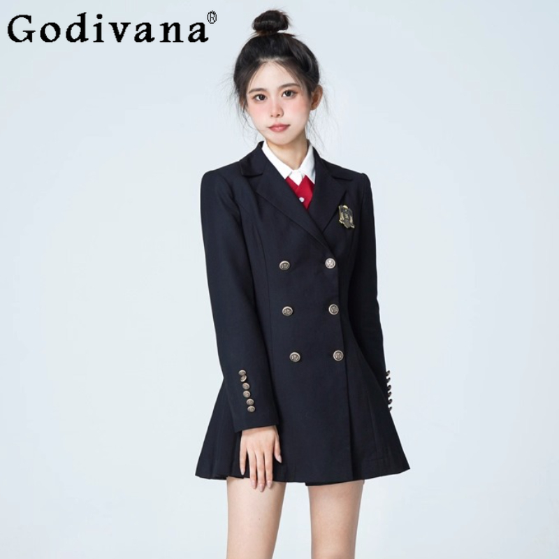 Elegant College Jk Suit Long Sleeve Jacket Dress Women's Autumn Black Japanese Sweet High-waisted Age-reducing Versatile Dresses