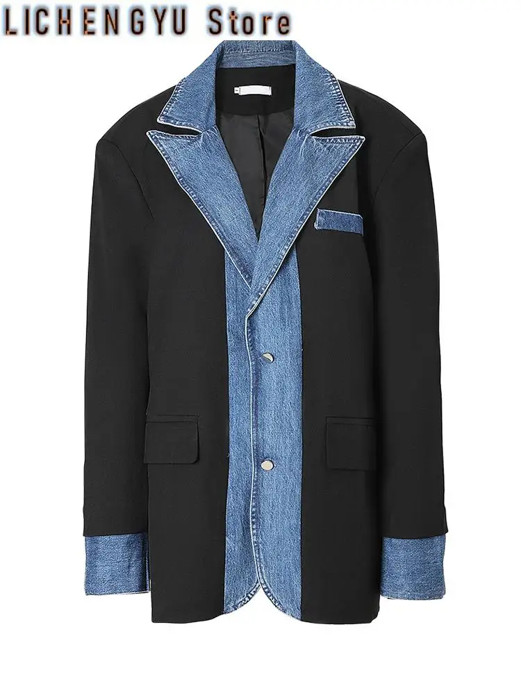 Women Dark Blue Deinm Spliced Big Size Blazer New Lapel Long Sleeve Loose Fit Jacket Fashion Spring Autumn