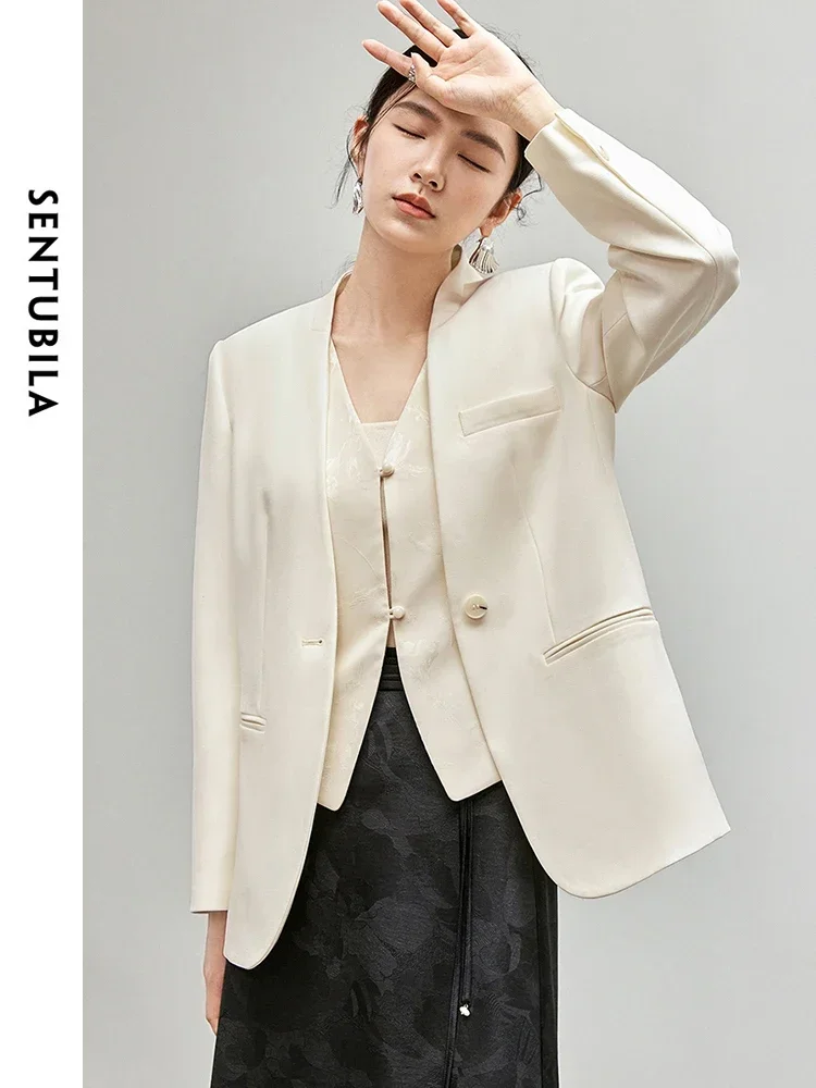 SENTUBILA Casual Apricot Blazers for Women 2025 Autumn Loose V Neck Comfort Office Lady Coats Women's Cropped Jackets 143X55853