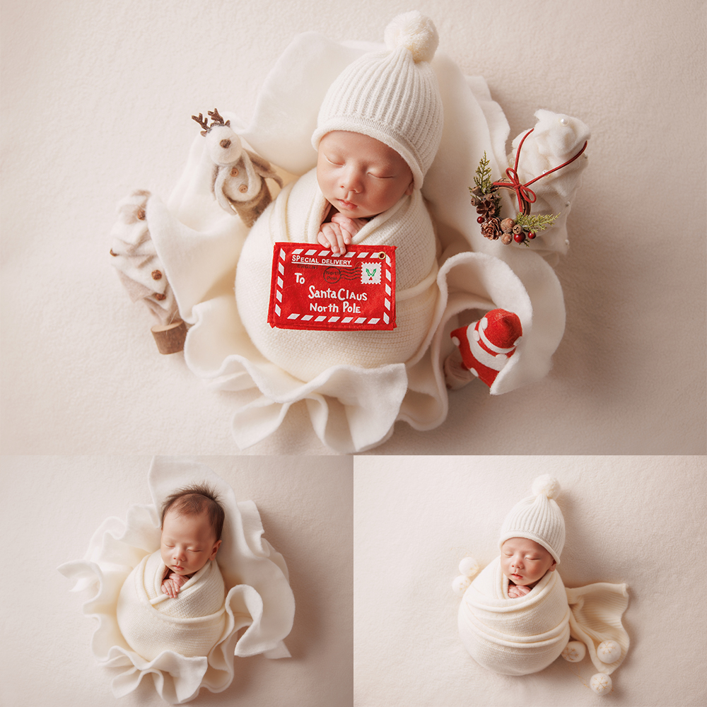 White Christmas Theme Newborn Photography Props Knitted Wool Wrap Hat Felt Christmas Props Posing Accessories Studio Photo Props