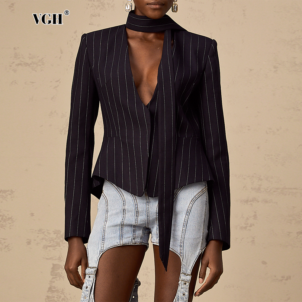 VGH Hit Color Sexy Deep V Neck Striped Slim Black For Women Scarf Collar Long Sleeve High Street Tunic Short Blazer Female New