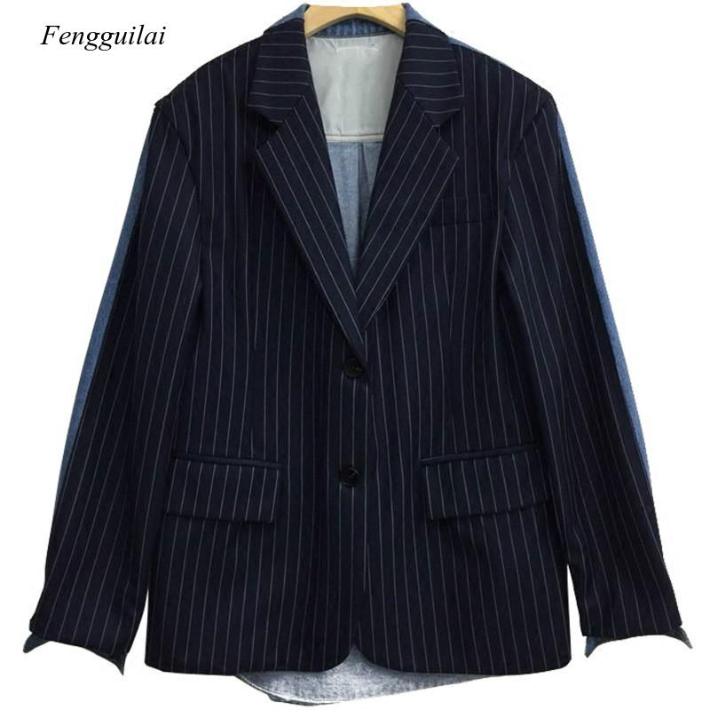 Dark Blue Long-Sleeved Denim Stitching Color Single-Breasted Blazer Femme Jacket Fashion 2021 Coat New