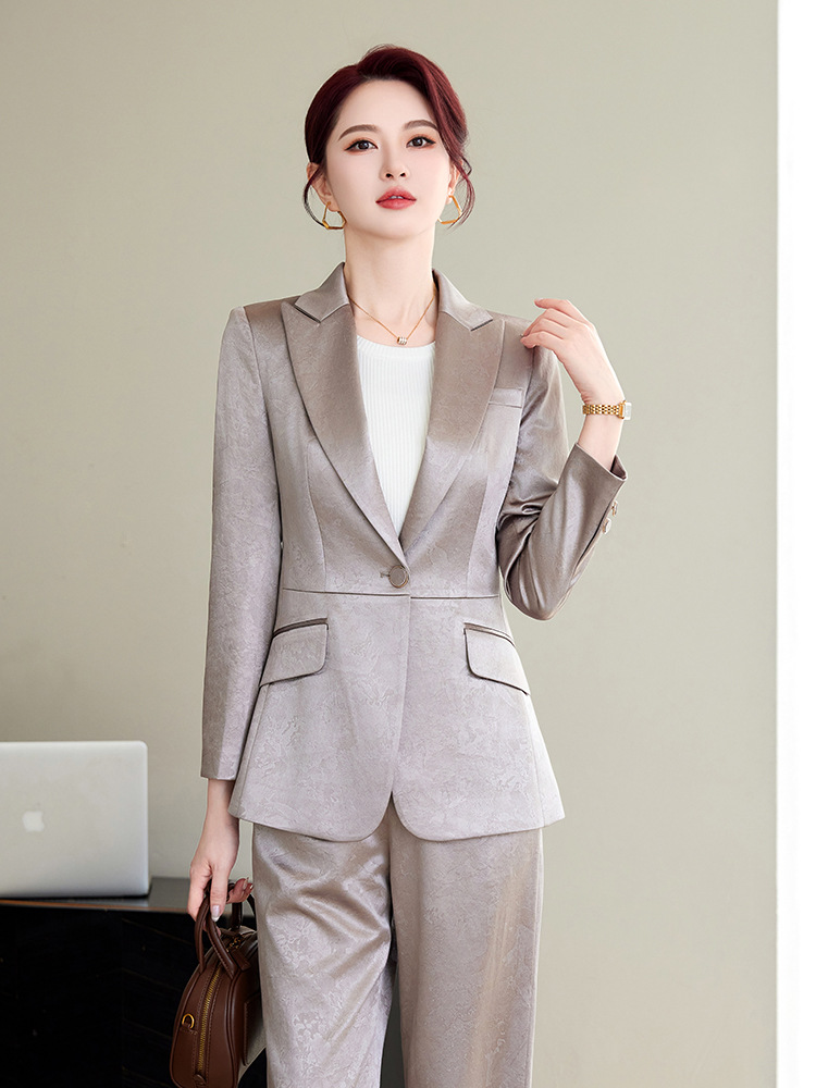 Women Blazer Pants Sets Silver Beige Two Pieces 2025 Autumn Workwear Trousers Formal Striped Navy Blue Long Sleeve Tops Pantsuit