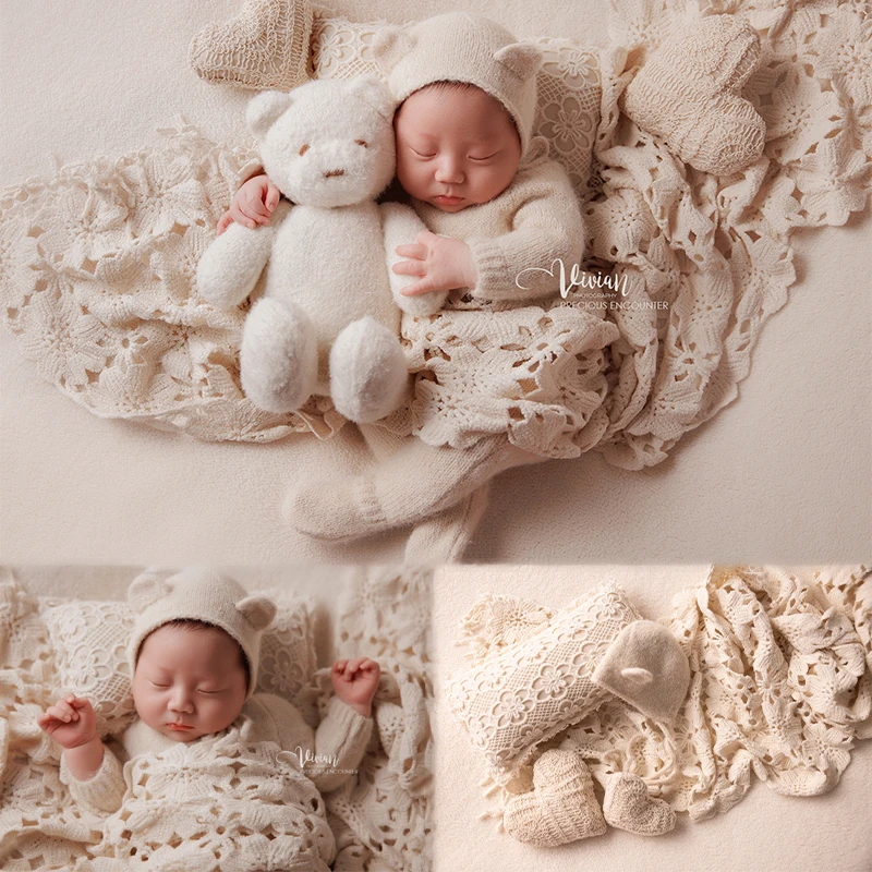 Newborn Photography Clothing Baby Photo Cute Bear Doll Hollow Wrap Love Props Baby Knitted Jumpsuit + Hat Costume Accessories