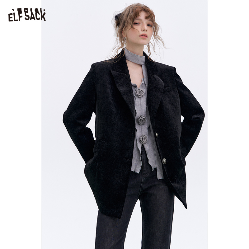 ELFSACK 2025 Spring New Arrivals Vintage red velvet suit for women elegant woman blazer coat