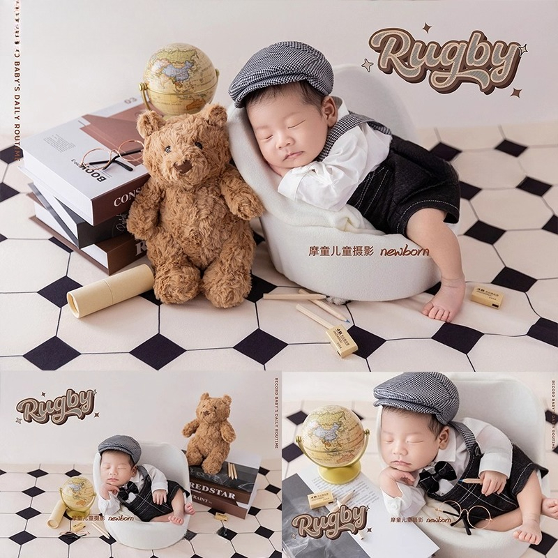 Newborn Photography Props Bear Study Theme Gentleman Outfit with Hat Backdrop Globe Books Accessories for Studio Photoshoot
