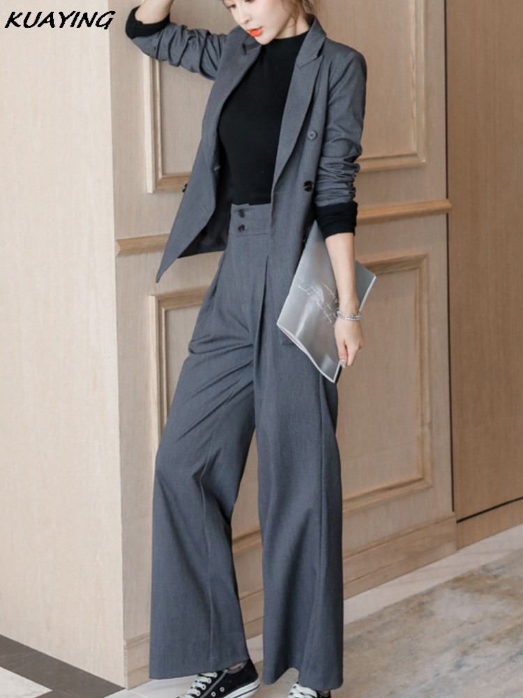 Women Fashion Casual Business Trousers Suit Vintage Blazer Jackets and High Waist Pants Two Pieces Set Female Solid Pantsuits