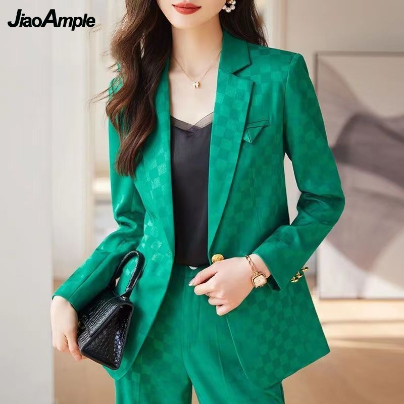 Women's Fashion Professional Wear 2025 Spring New Casual Checkered Blazers Jacket Matching Set Female Elegant Suit Pants 2 Piece