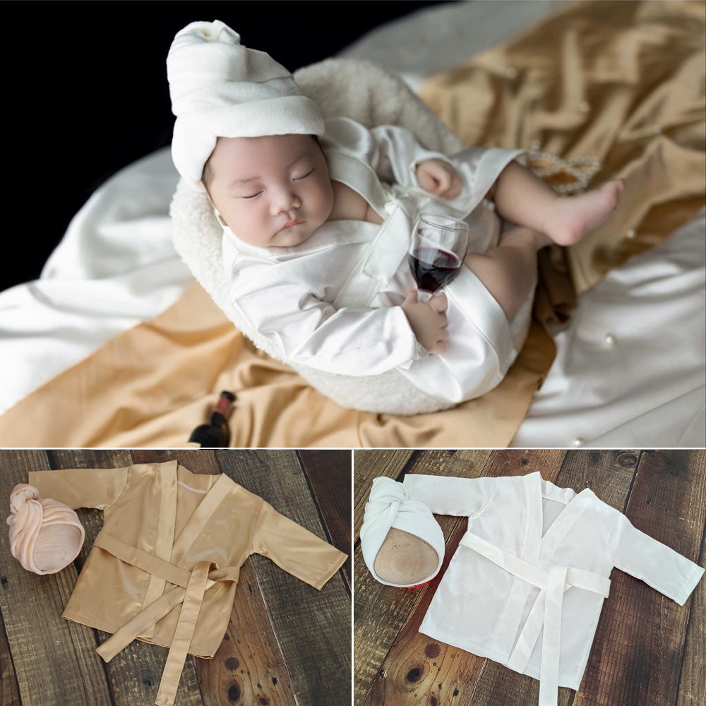 Newborn Baby Photography Props Silk Elegant Bathrobe Outfits with Belt Scarf 3pcs Set Outfit Set Studio Shooting Photoshoot Prop