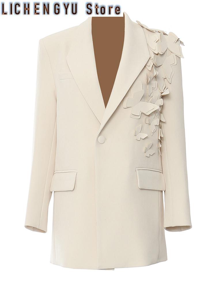 Women Apricot Butterfly Big Size Elegant Blazer New Lapel Long Sleeve Jacket Fashion Tide Spring Autumn