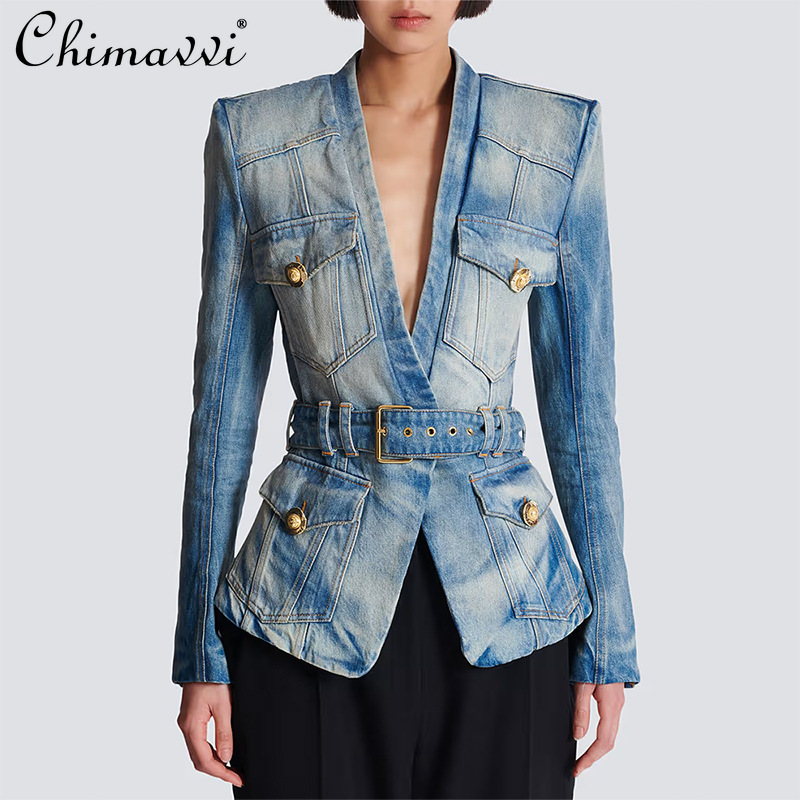 2025 Autumn Clothes New Fashion Slim Fit Belted Washed Denim Blazer Coat Commuter Long Sleeve Elegant Women's Jackets Tops