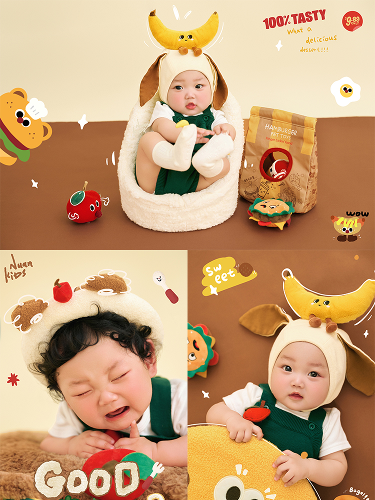 3-5 Month baby Photography Props kit Puppy Hat+Baby Costume+Socks Cookie Mat Hamburger Chicken Leg Studio Decorative Dolls Props