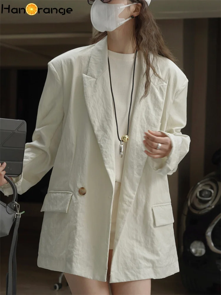 HanOrange 2025 Spring Trendy Granular Simple Suit Jacket Women Cool Breathable Loose Blazer Beige Gray/Gray Bean Green