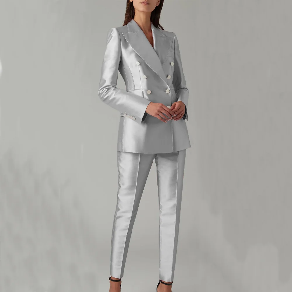Silver Stain Women's 2 Pieces Pant Sets Formal Business Double Breasted Blazers 2 Piece Set Elegant Ladies Wedding Pant Suits